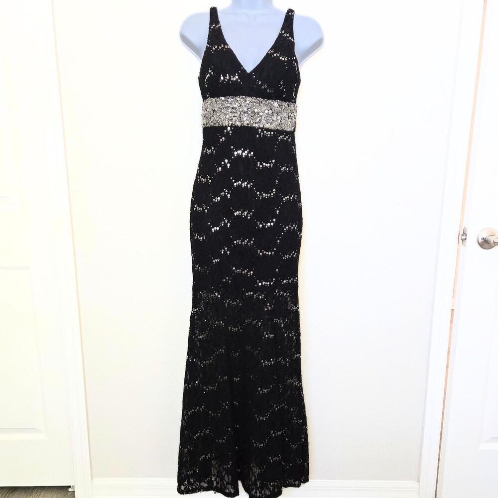 My Michelle Vintage Y2K Black Lace Sequins V Neck Prom Dress Gala Wedding